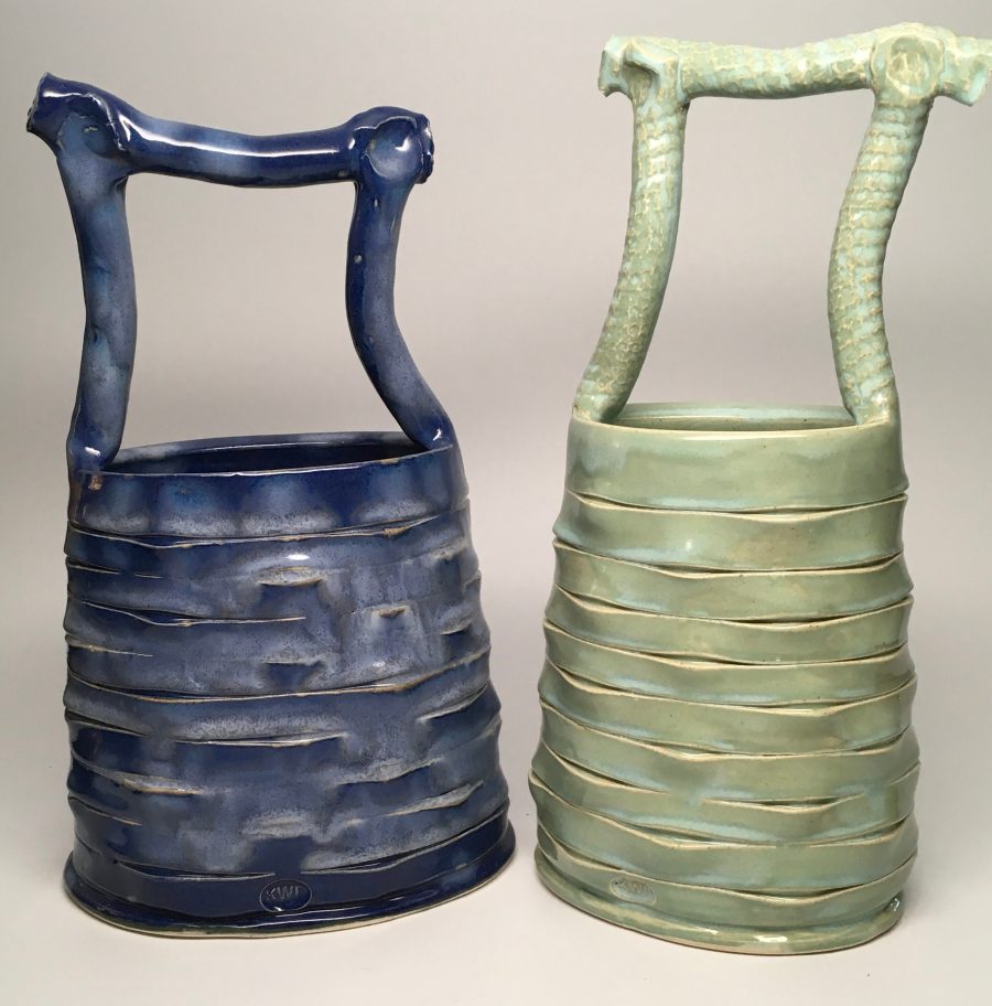 blue and green ceramic baskets