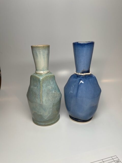 Green and blue flower vases